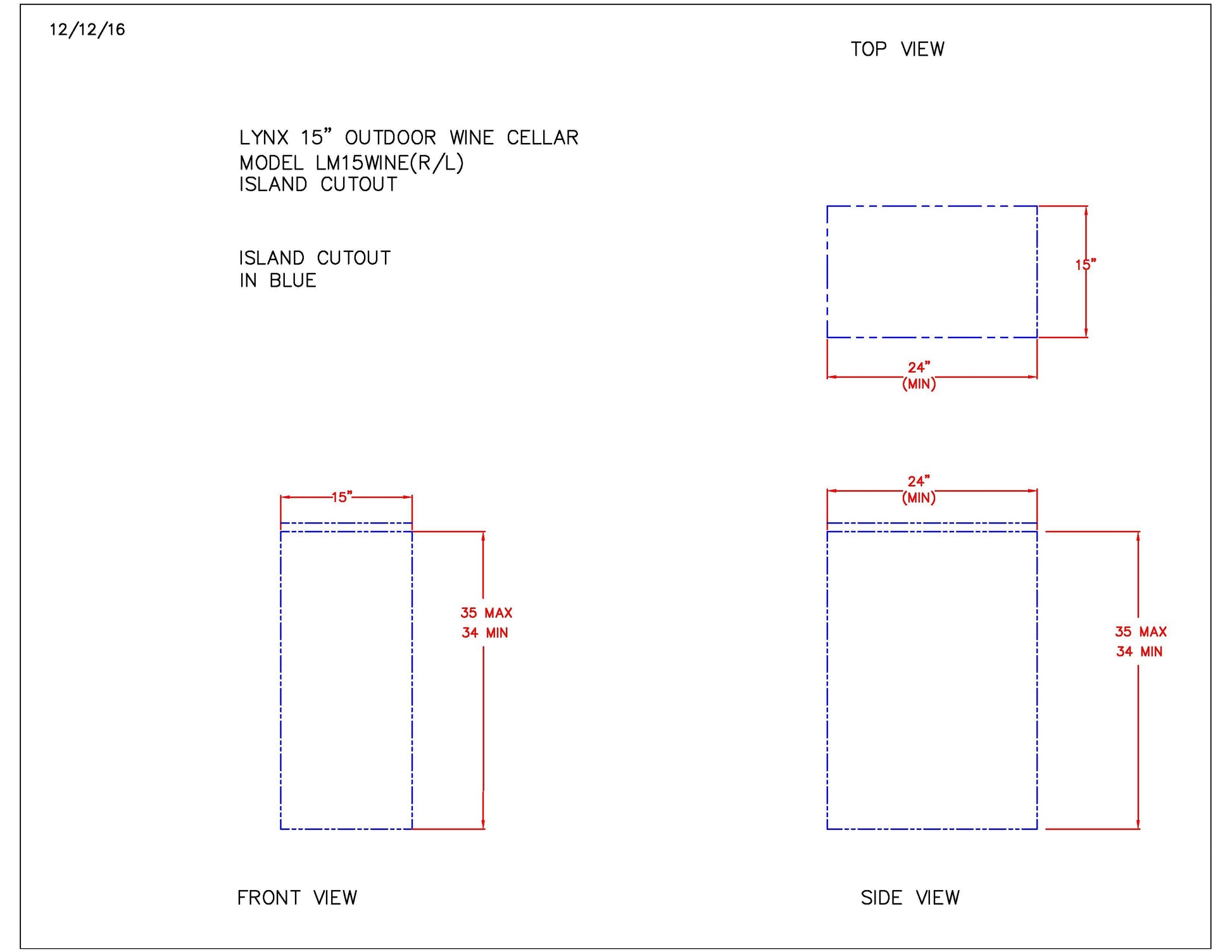 Cutout and clearance dimension diagram for 15-inch outdoor wine cellar, front and side.