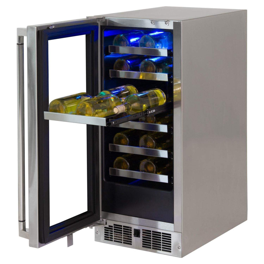 Outdoor wine cellar with open door showing bottle shelves and blue interior light.