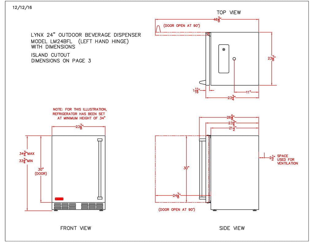 Technical dimension diagram for 24-inch outdoor beverage dispenser with left-hinged door