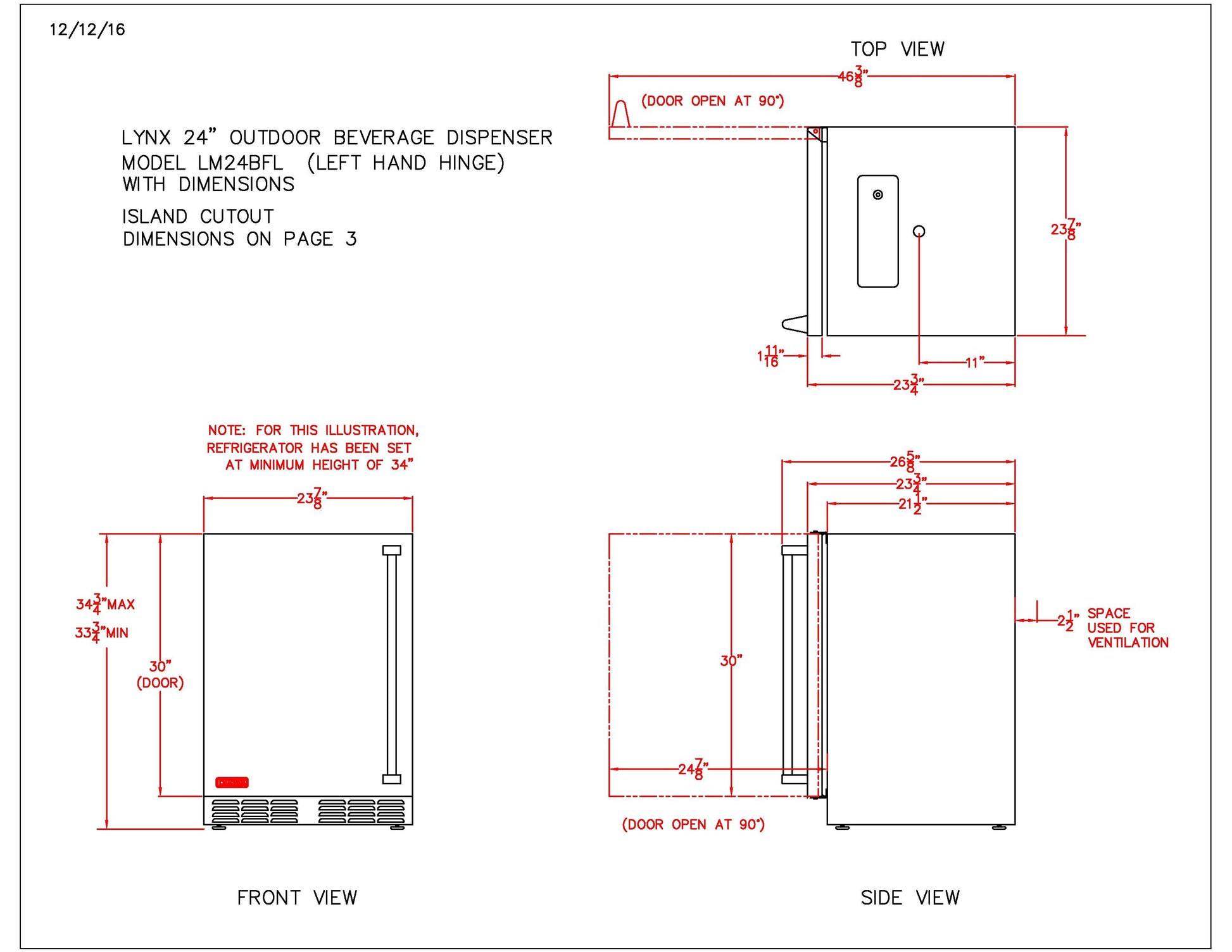 Technical dimension diagram for 24-inch outdoor beverage dispenser with left-hinged door