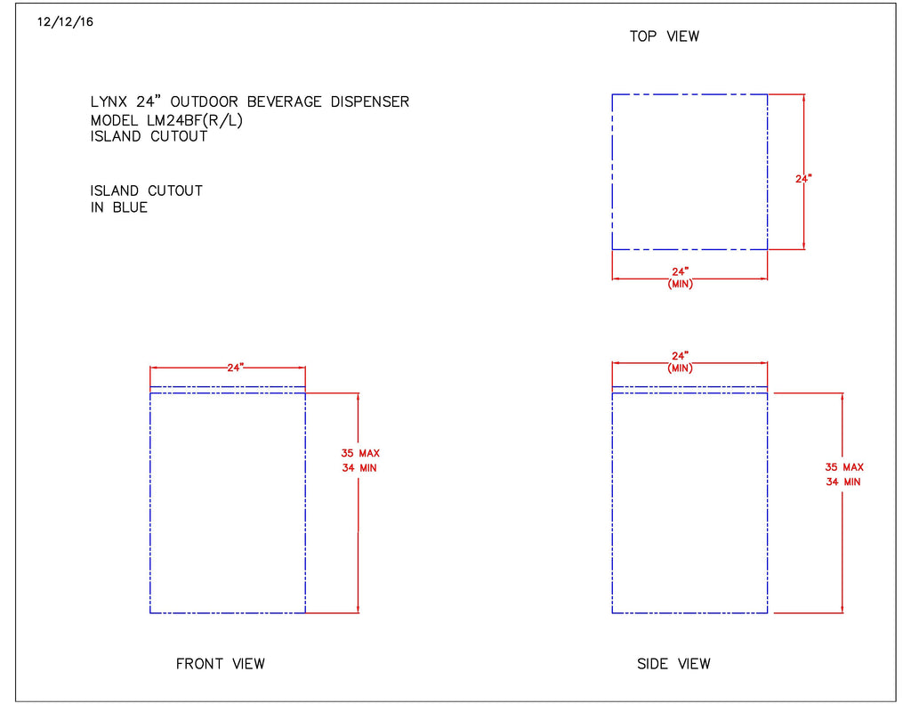 Installation cutout and size diagram for 24-inch outdoor beverage dispenser, front and side views