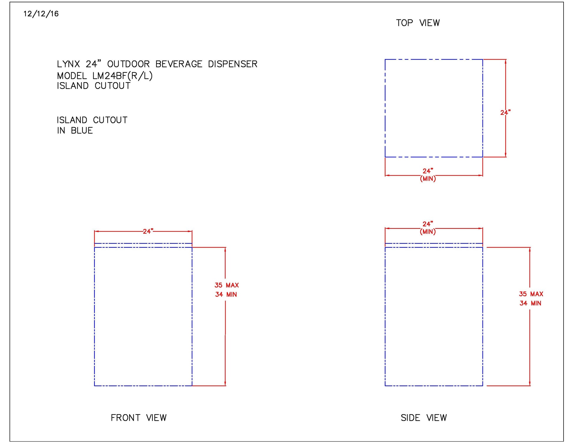Installation cutout and size diagram for 24-inch outdoor beverage dispenser, front and side views