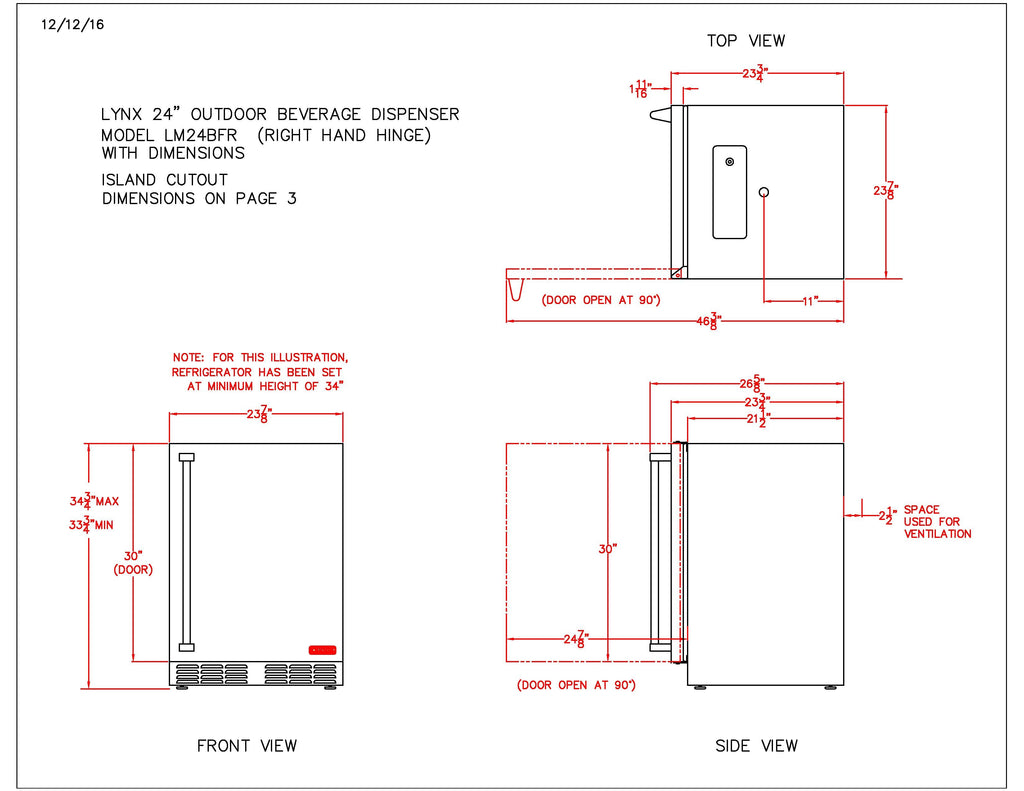 Outdoor beverage dispenser dimension diagram with top, front, and side views