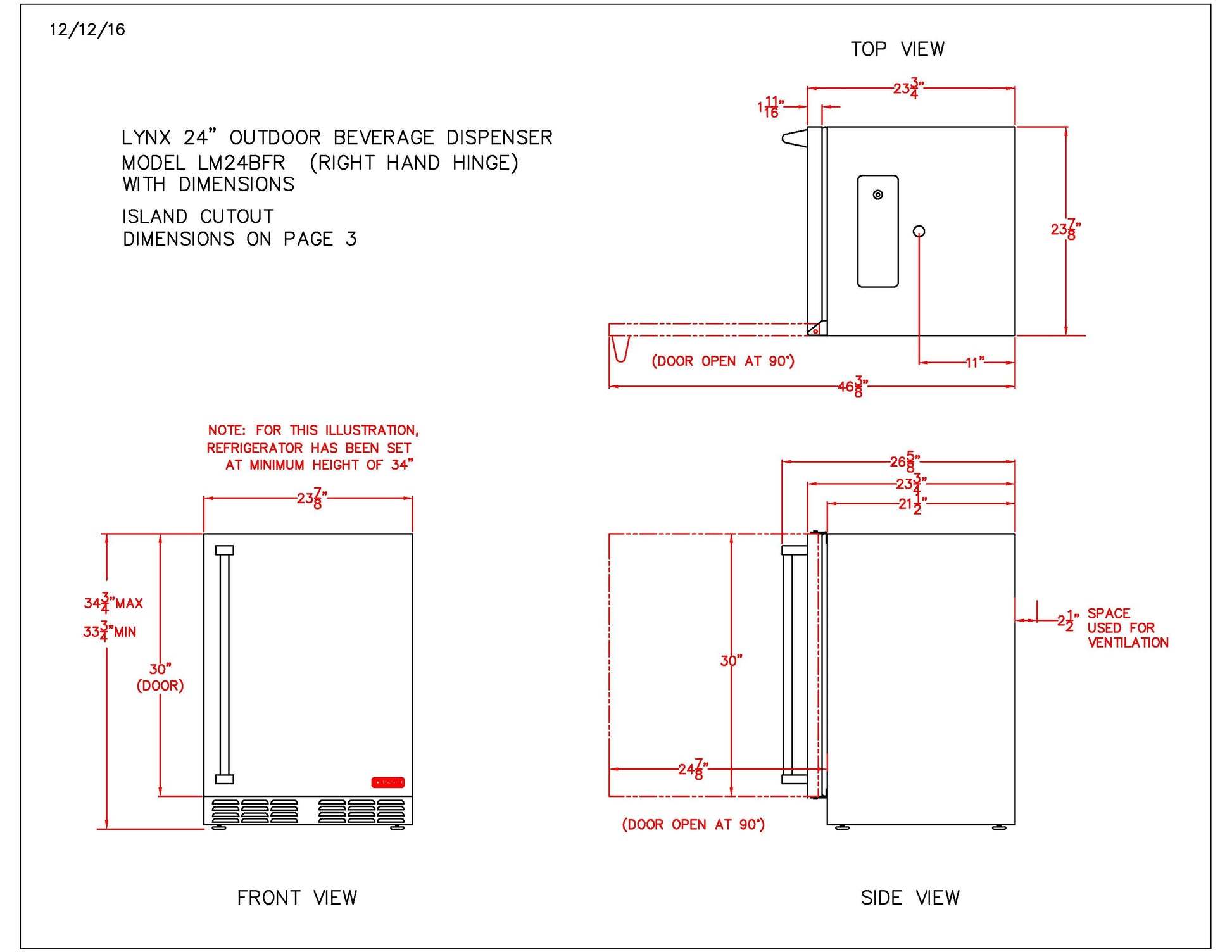 Technical dimension diagram for 24-inch outdoor beverage dispenser with right-hinged door