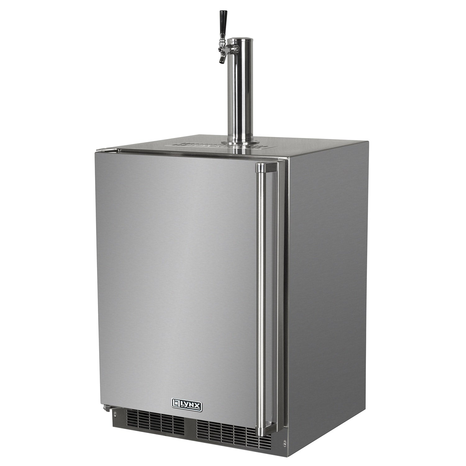Stainless steel outdoor kegerator with single tap and square cabinet front