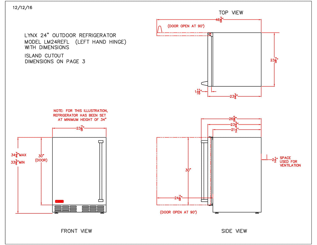 Outdoor refrigerator layout drawing with door opening clearance and dimension lines