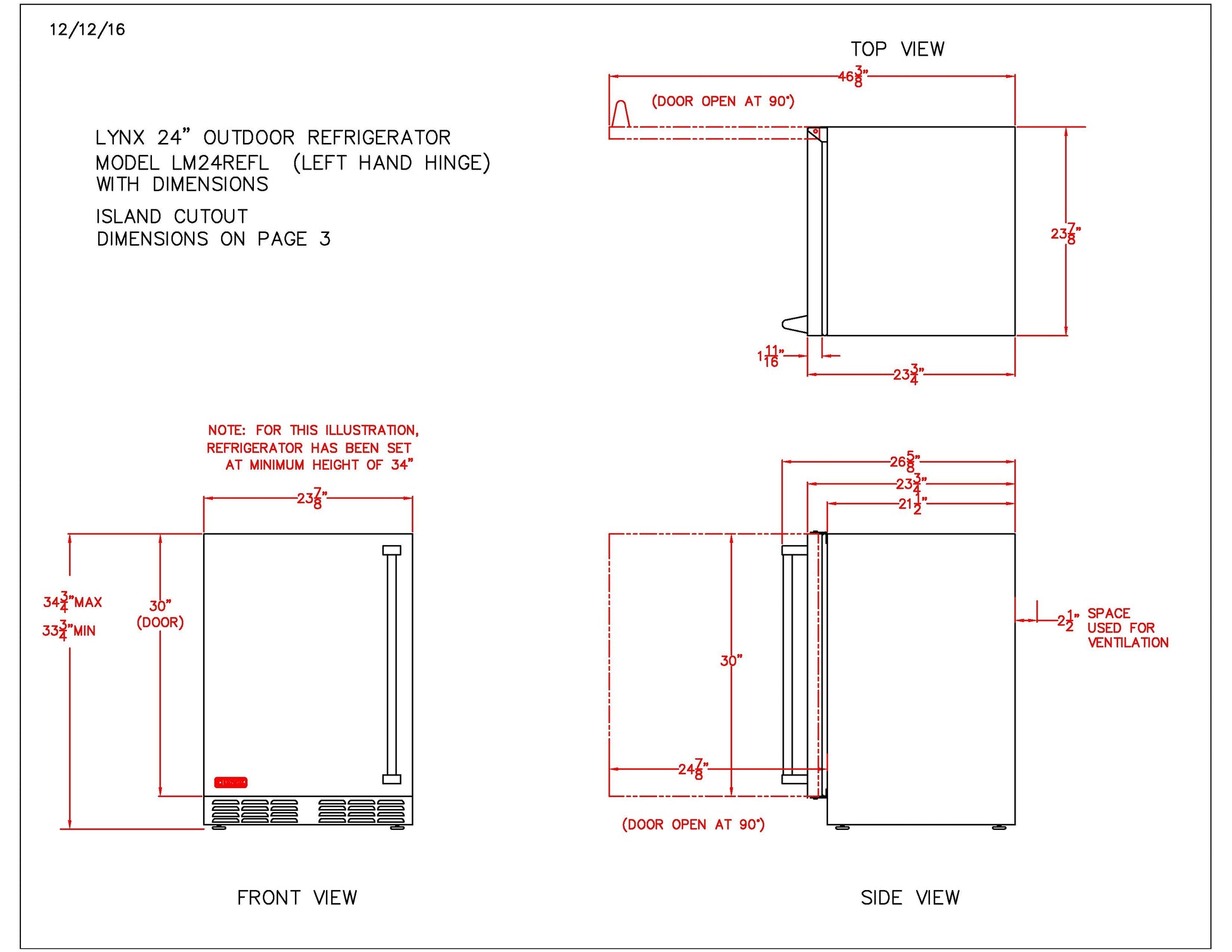 Outdoor refrigerator layout drawing with door opening clearance and dimension lines