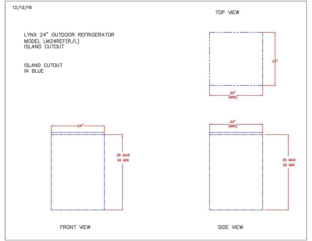 Outdoor refrigerator island cutout diagram with blue outline and front/side dimension boxes