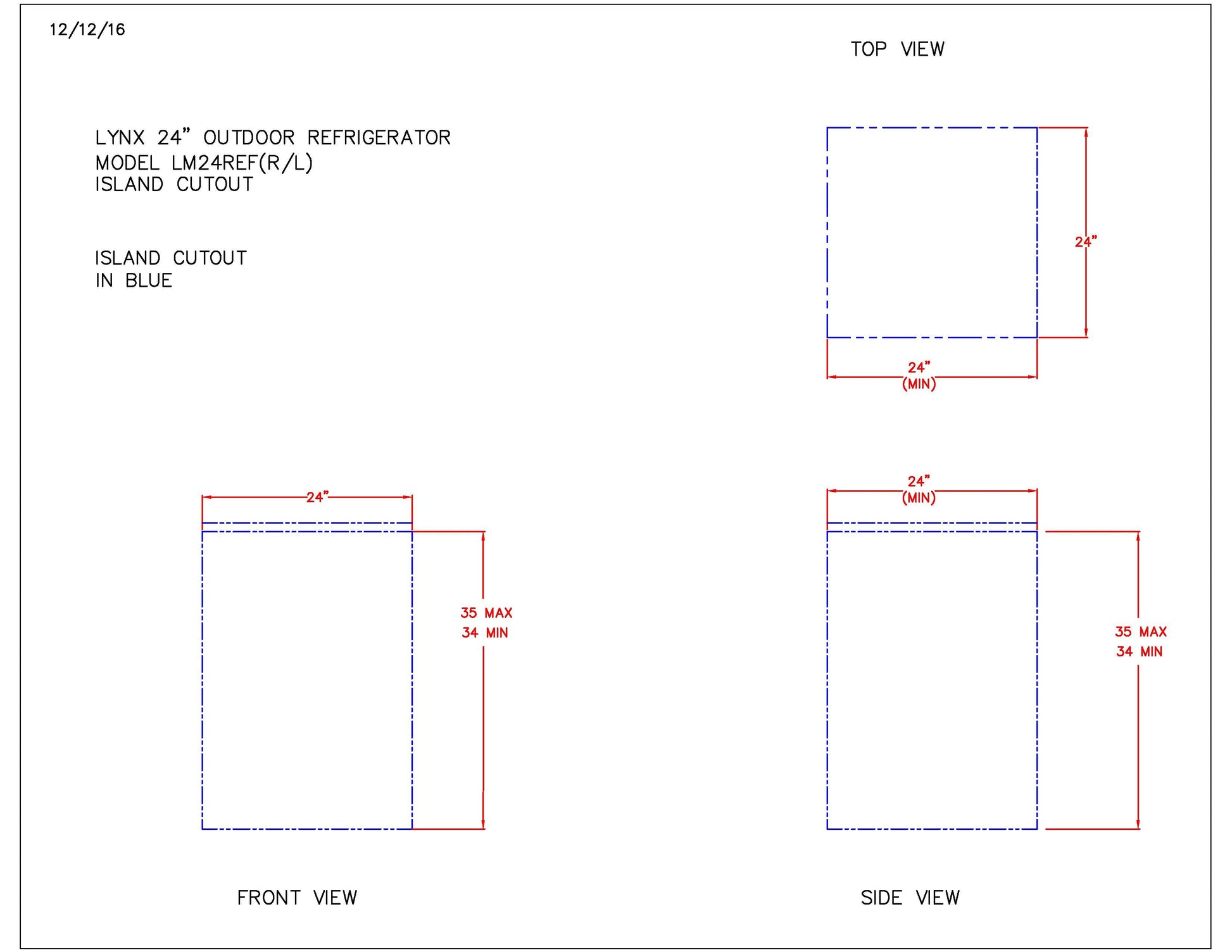 Outdoor refrigerator island cutout diagram with blue outline and front/side dimension boxes