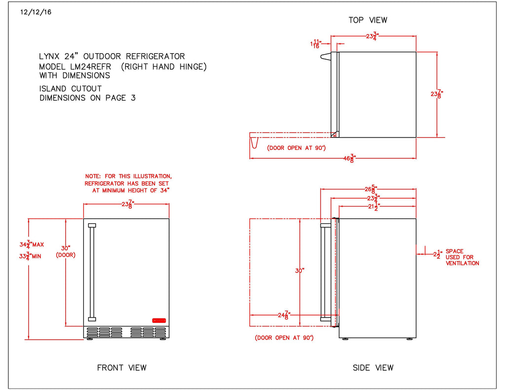 Outdoor refrigerator installation drawing with top, front, and side view dimension lines