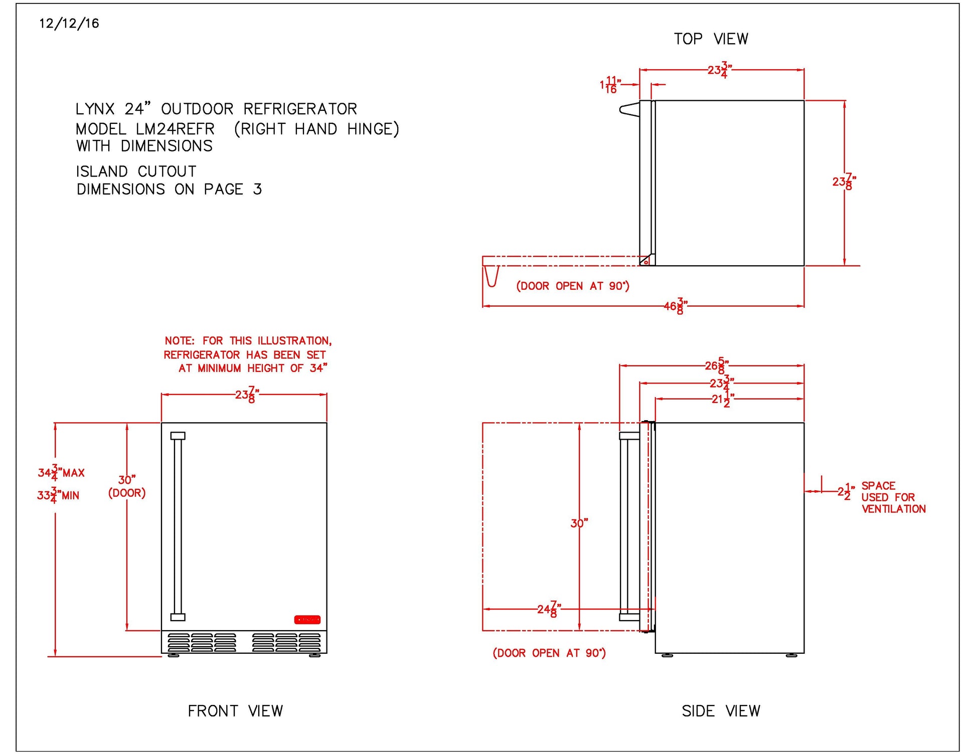 Outdoor refrigerator installation drawing with top, front, and side view dimension lines