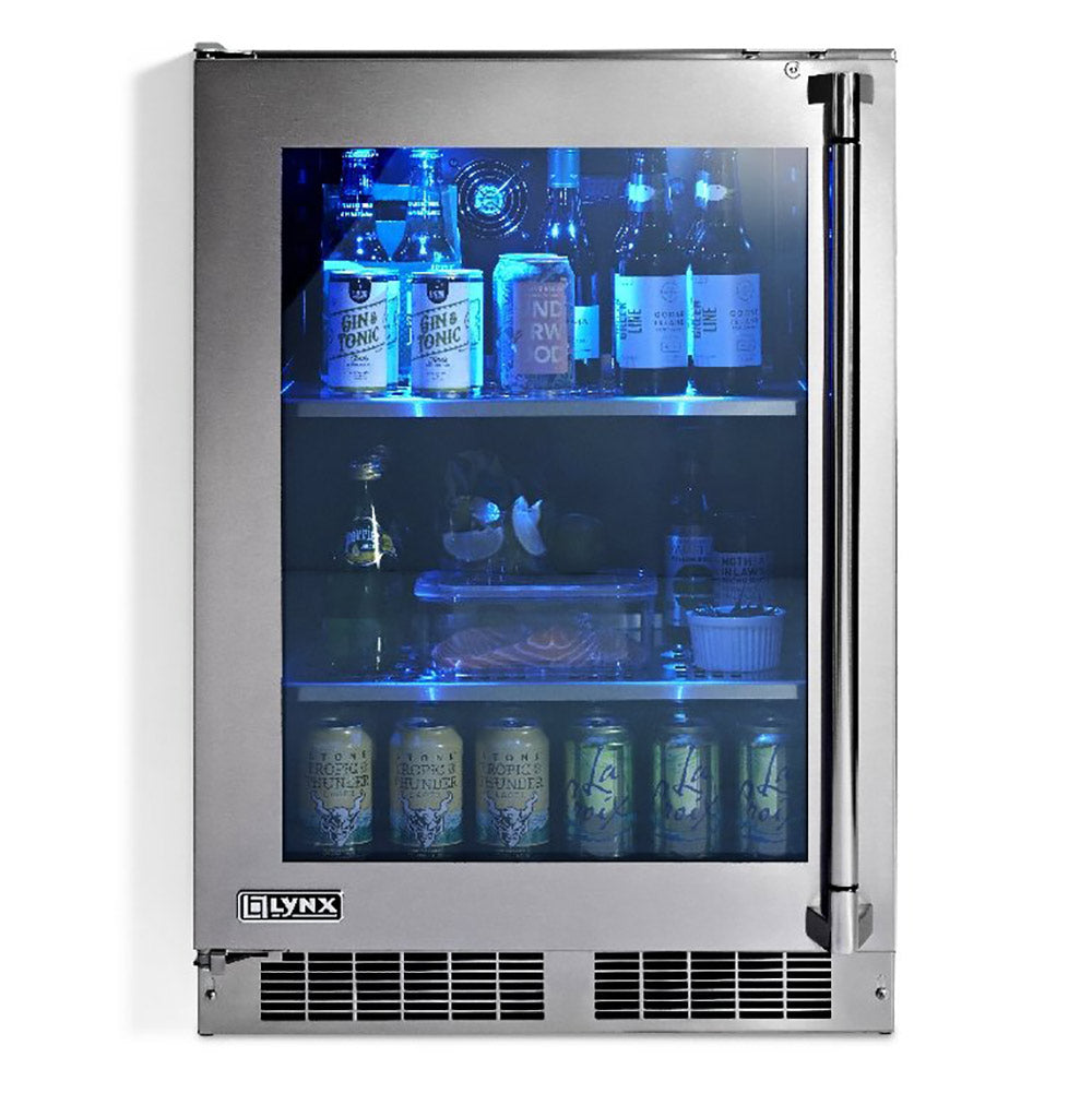 Stainless steel refrigerator with glass door, blue-lit shelves, front vent grilles