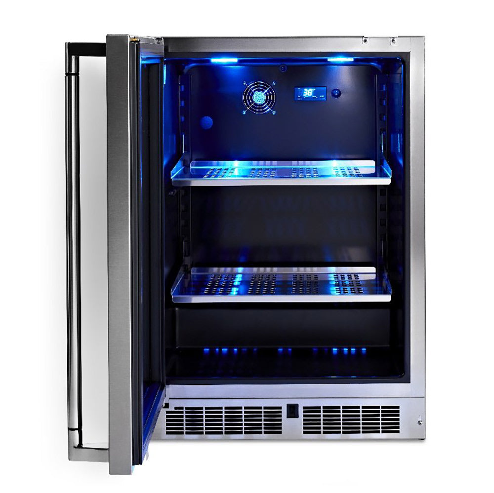 Stainless steel refrigerator with open glass door, interior shelves and blue LED lighting