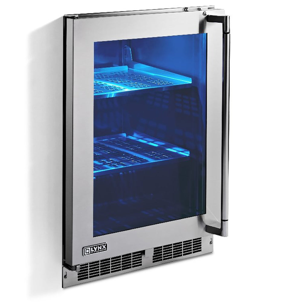 Stainless steel outdoor refrigerator with glass door, blue-lit interior shelves and bottom vents