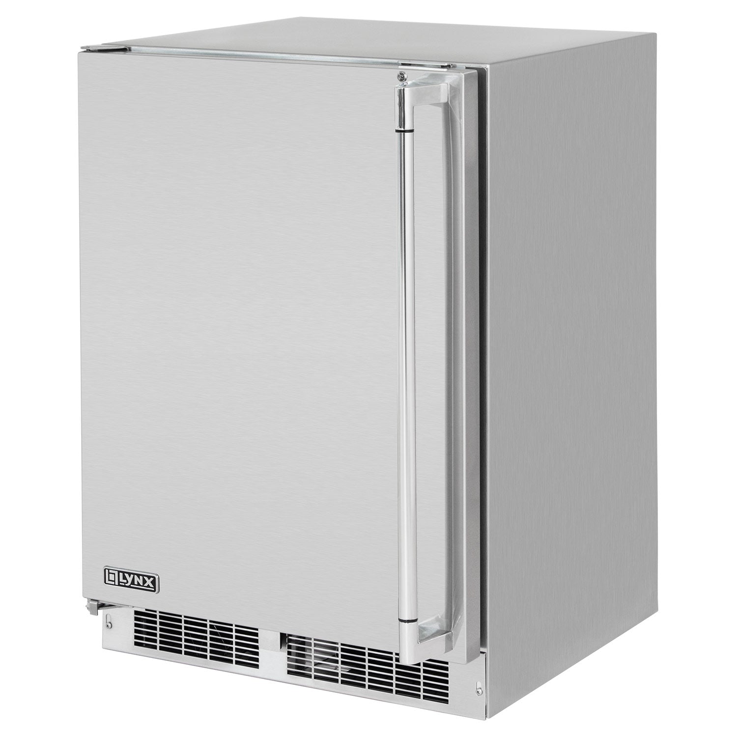 Stainless steel outdoor refrigerator with closed door, vertical handle, and bottom vent grilles