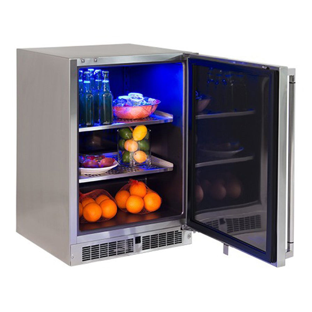 Stainless steel outdoor refrigerator with open door, interior shelves, and front vent grilles