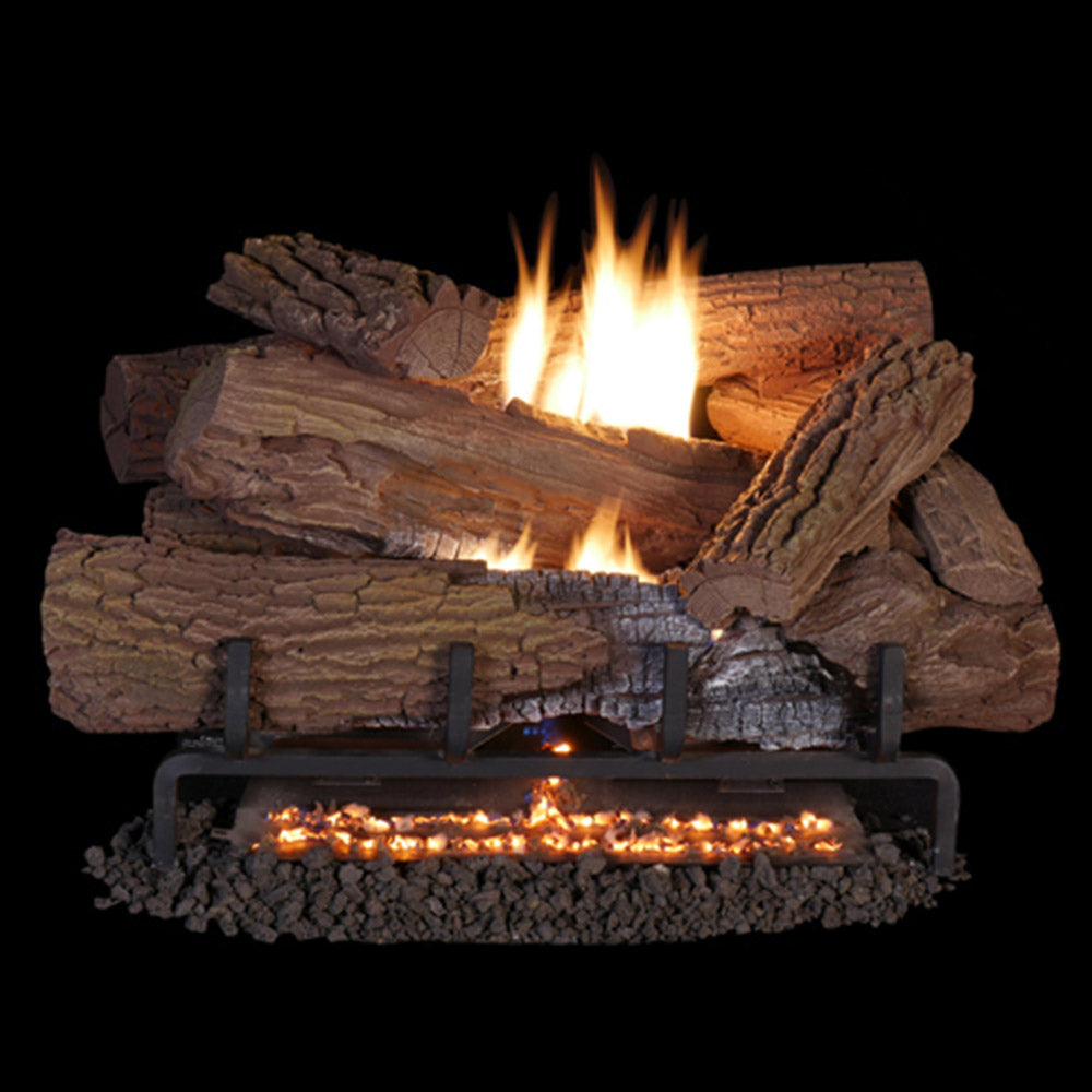 Mossy Oak vent-free gas log set with burning logs and visible flame