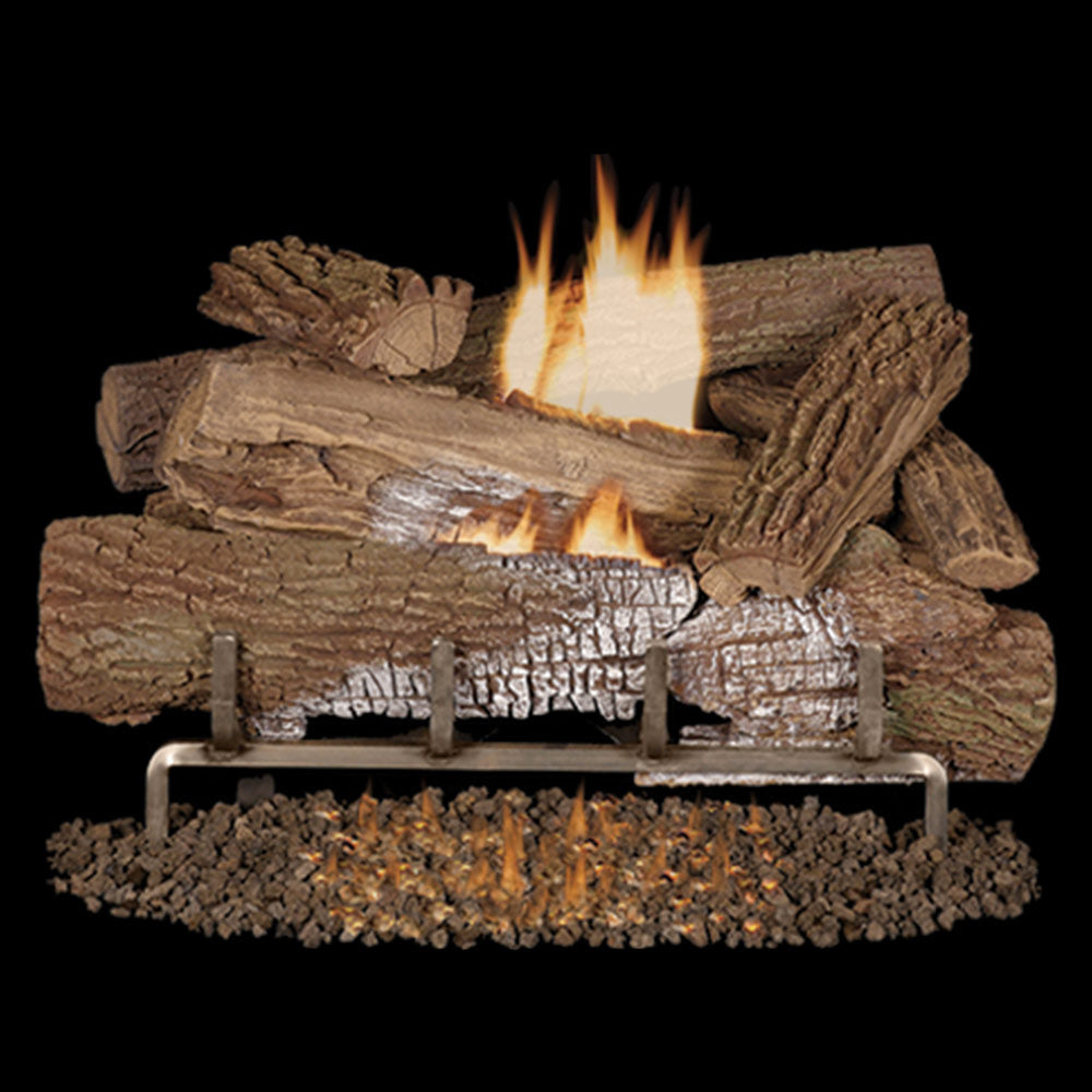 Vent-free gas log set with concrete logs and visible flames