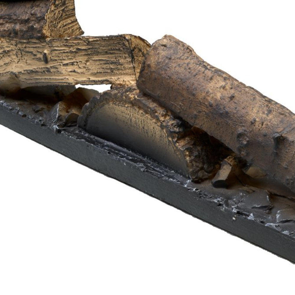 Close-up of linear faux wood log set: dark charcoal tray with molded brown logs (2-pack)
