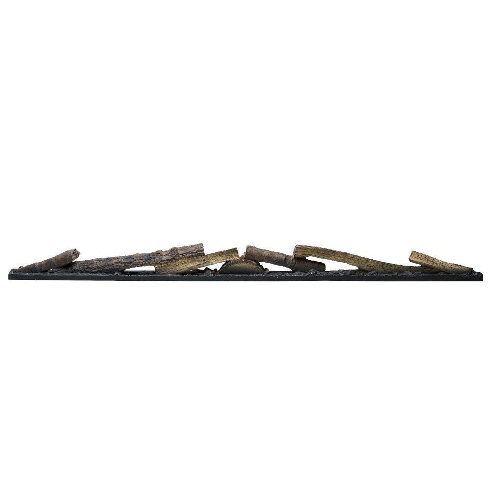 Linear faux wood log set with dark charcoal tray and brown molded logs, wide view (2-pack)