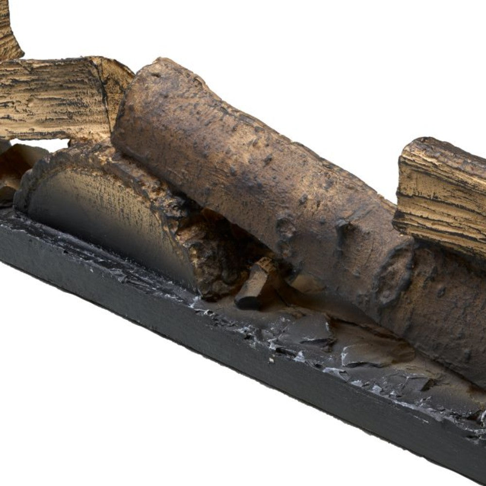 Faux wood logset close-up, dark tray with molded wood log textures