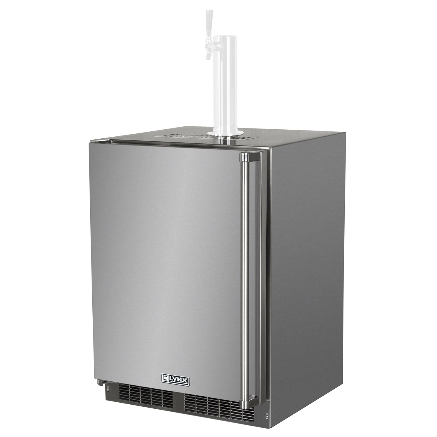 Stainless steel outdoor kegerator with top tap tower and front ventilation grille