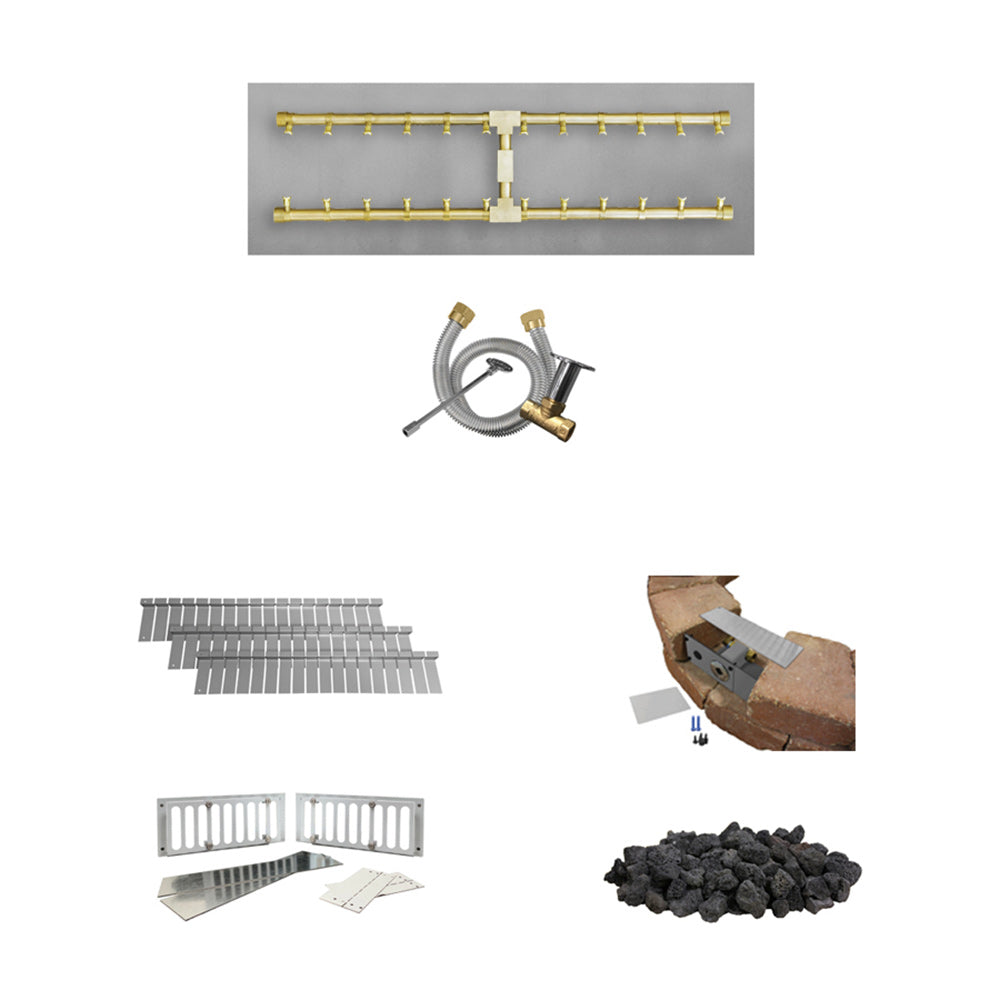 Gas fire pit burner kit components: brass manifold, H burner, ignition hose, rocks