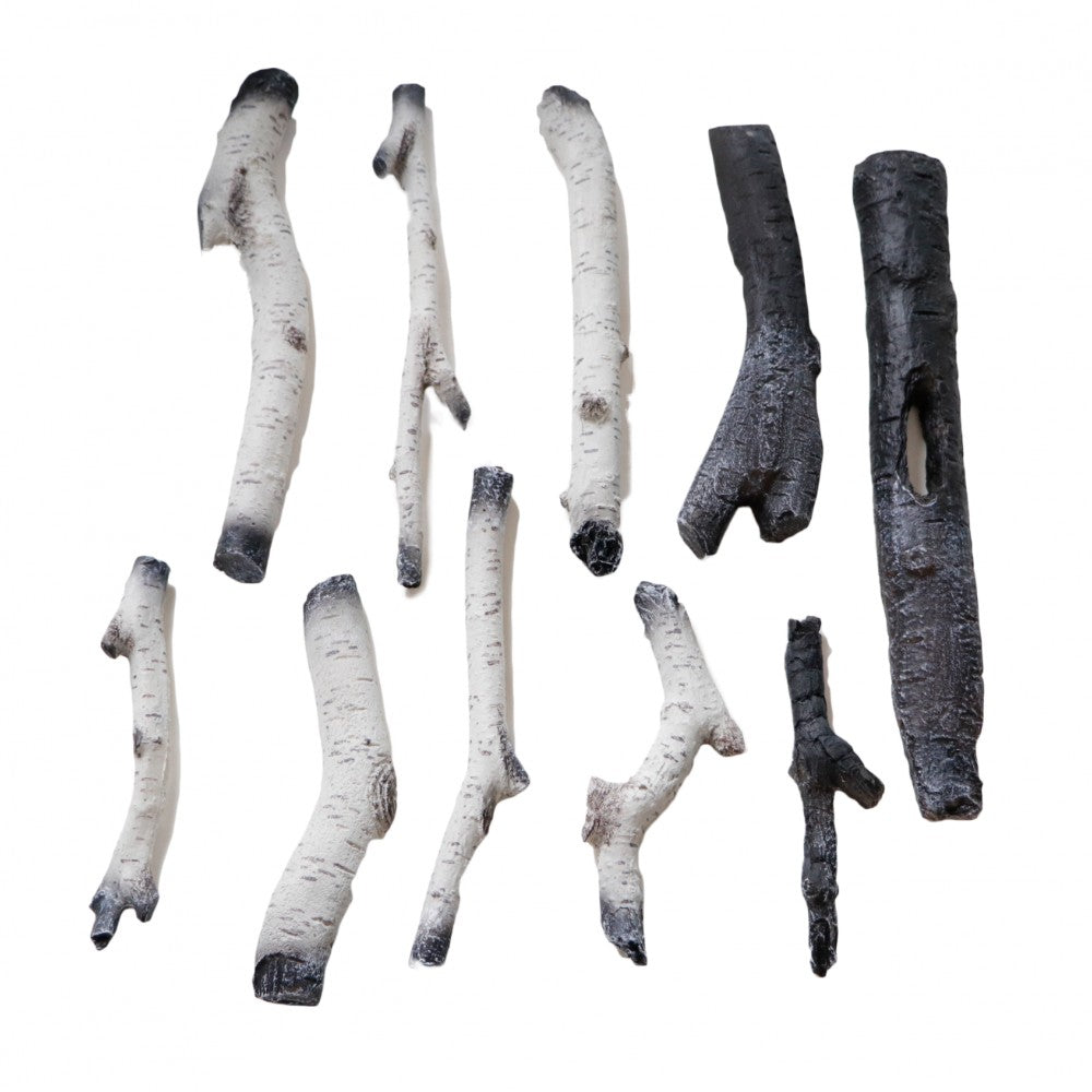 10-piece faux fireplace log set with light and dark gray charred ends