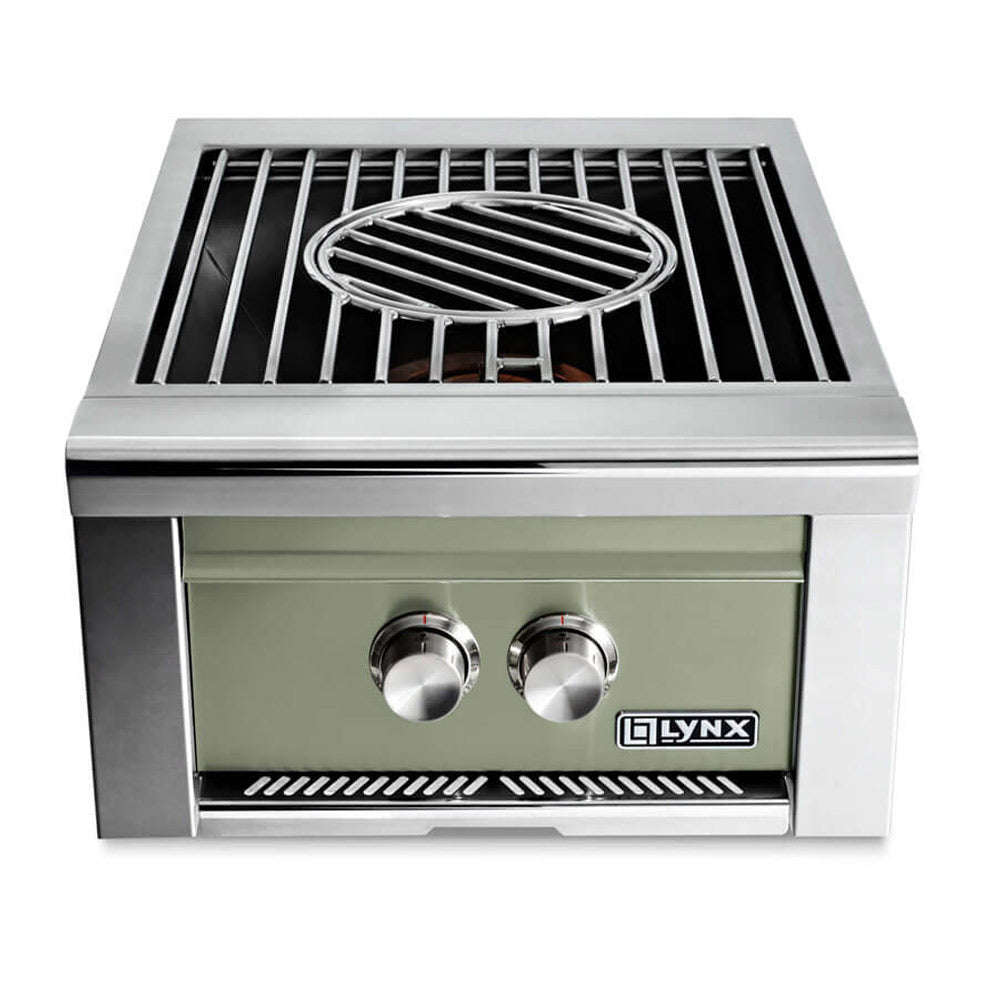 Built-in gas power burner with light green front panel and two control knobs