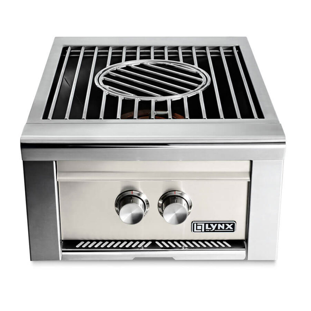 Built-in gas power burner with light gray front panel and two control knobs