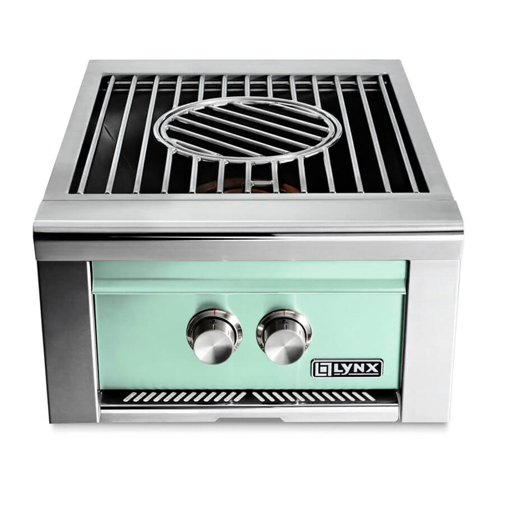Built-in gas burner with stainless body, round grate, two knobs, Lynx logo, green panel
