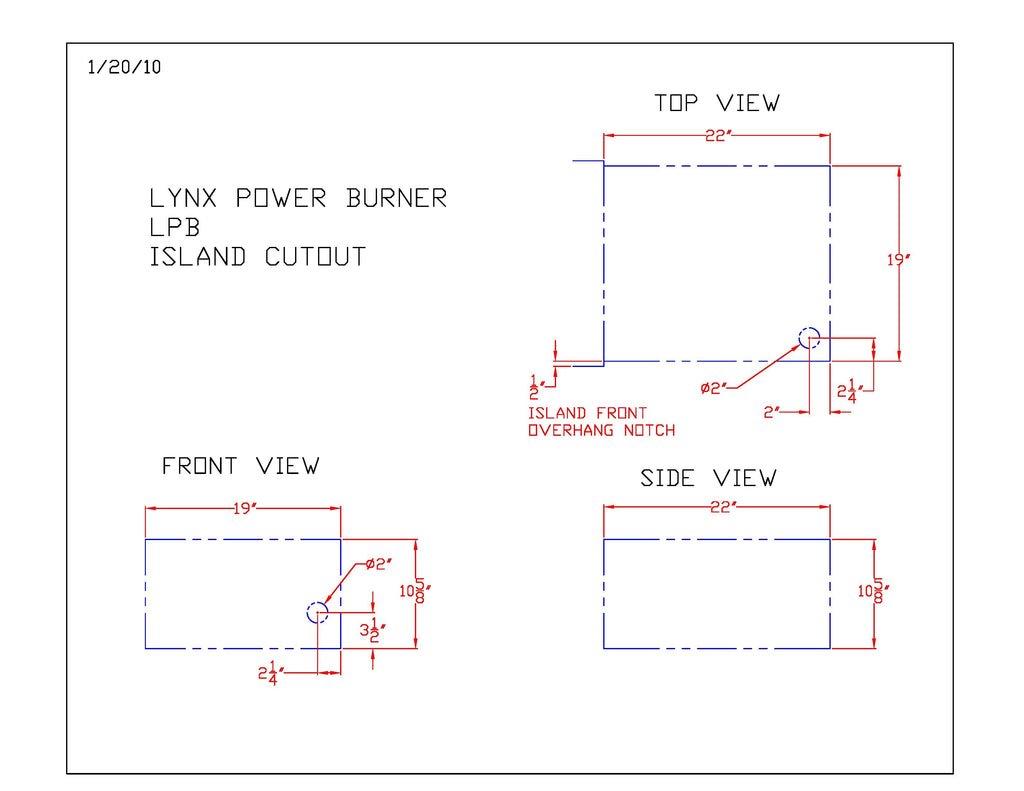 Lynx gas power burner cutout diagram with island overhang notch and side view