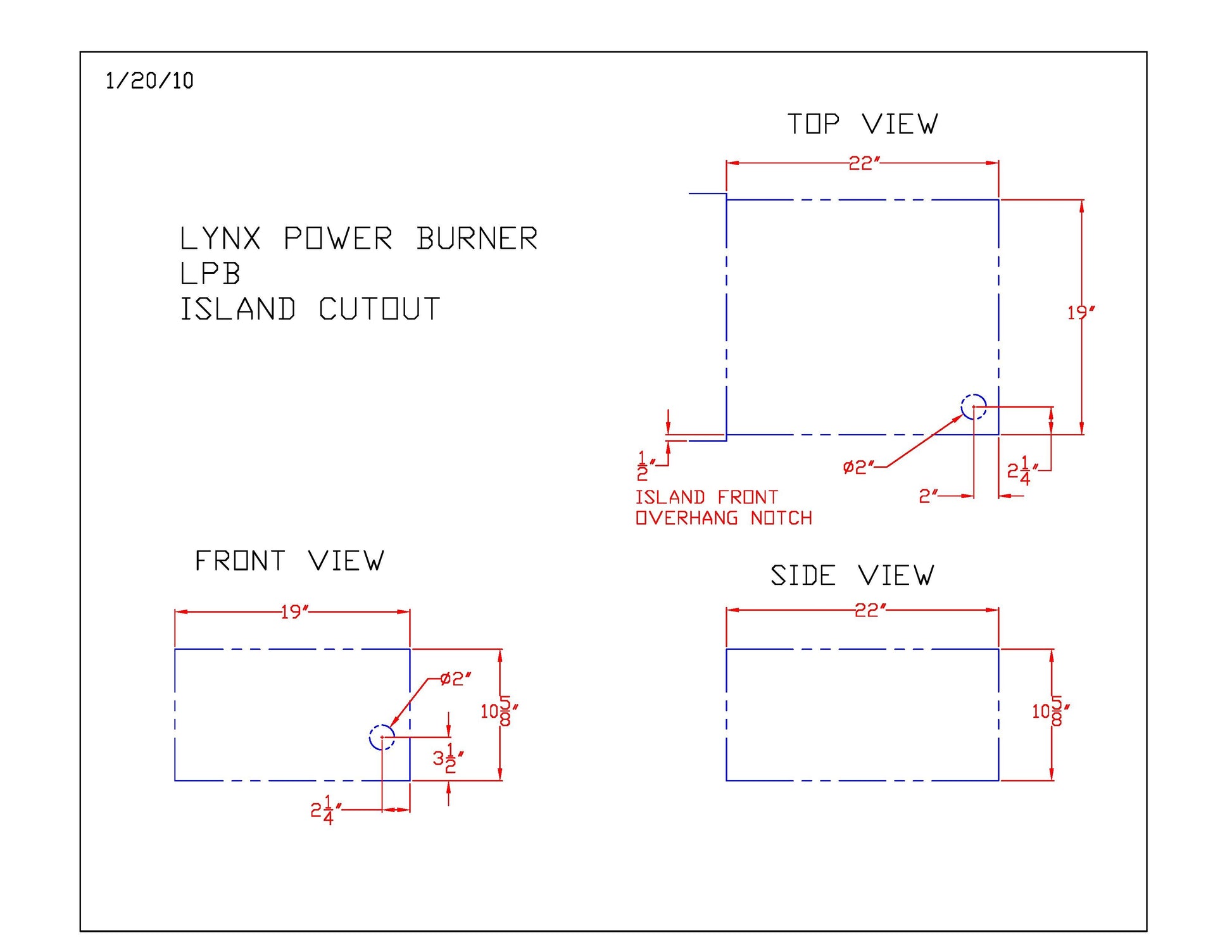 Lynx gas power burner cutout diagram with island overhang notch and side view