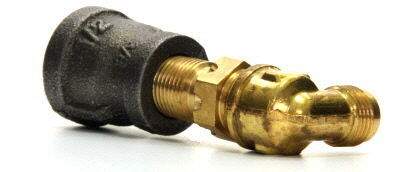 Brass propane connector with threaded outlet and black rubber cap, angled view
