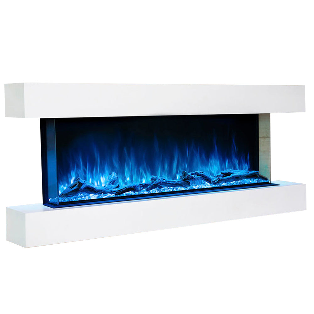White electric fireplace mantel with blue flame log display