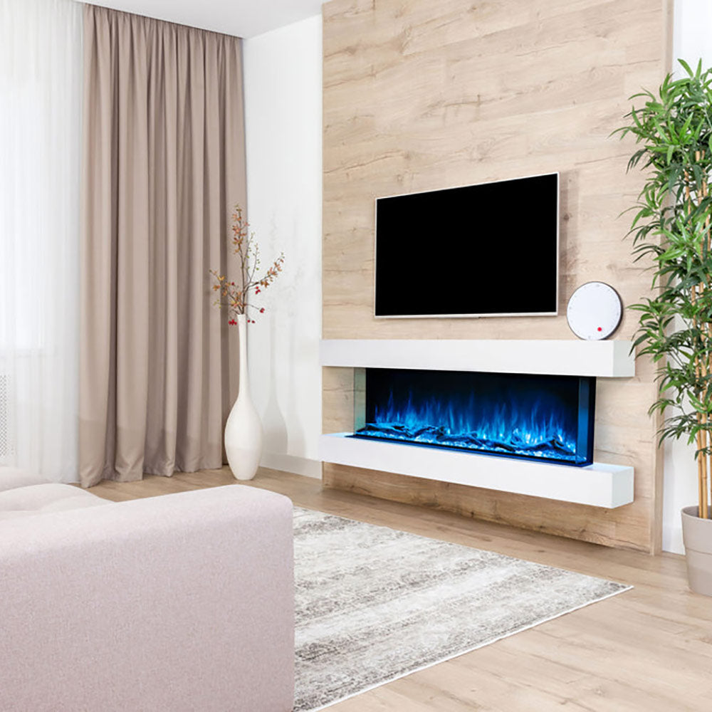 Wall-mounted electric fireplace with white mantel and blue flame effects in a living room