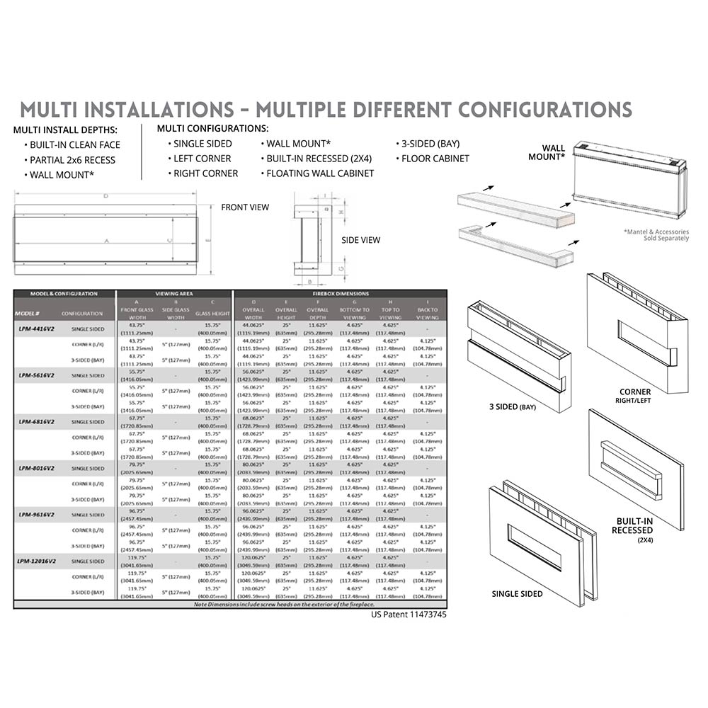 Electric fireplace installation configuration diagrams for different wall mounting options