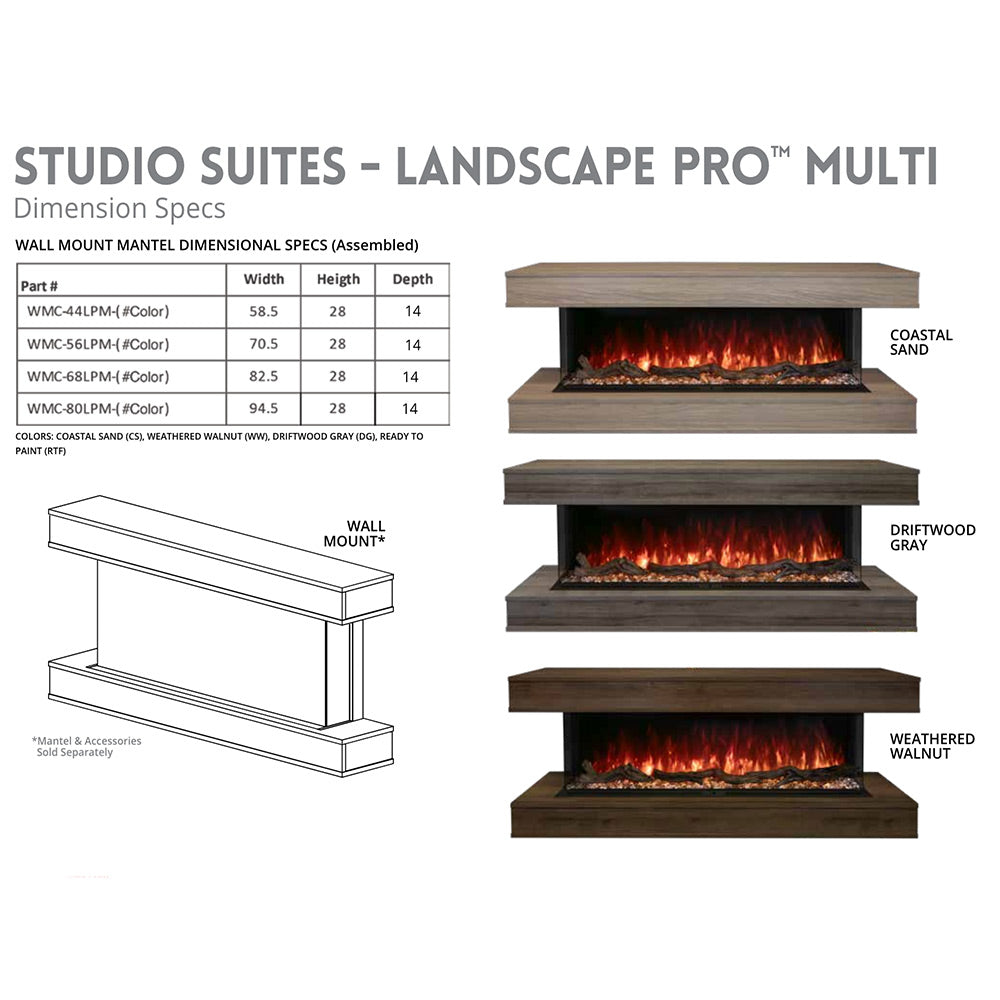 Electric fireplace studio suites dimension chart and wood finish options