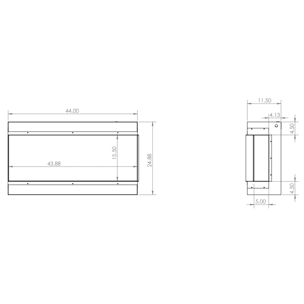 Built-in electric fireplace dimension diagram with side and front measurements