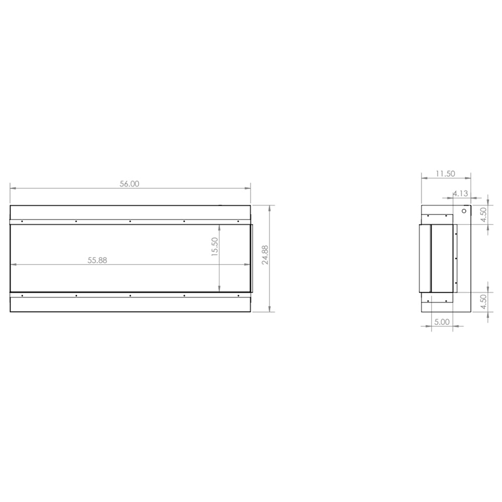 Electric fireplace unit dimension diagram with side and front measurements