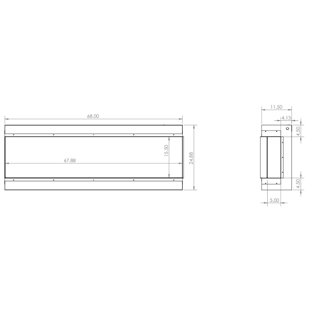 Built-in electric fireplace installation dimensions diagram, side and depth views