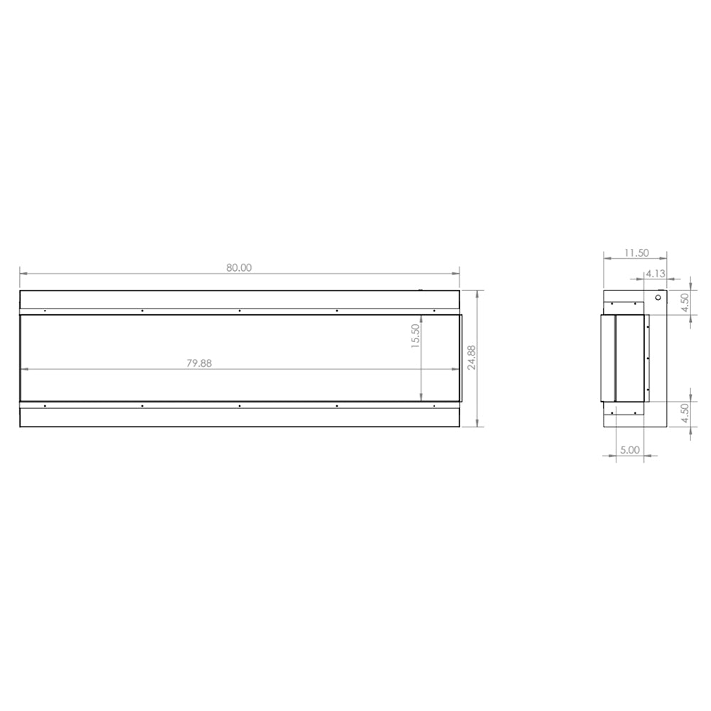 Electric fireplace dimension diagram with length and depth measurements