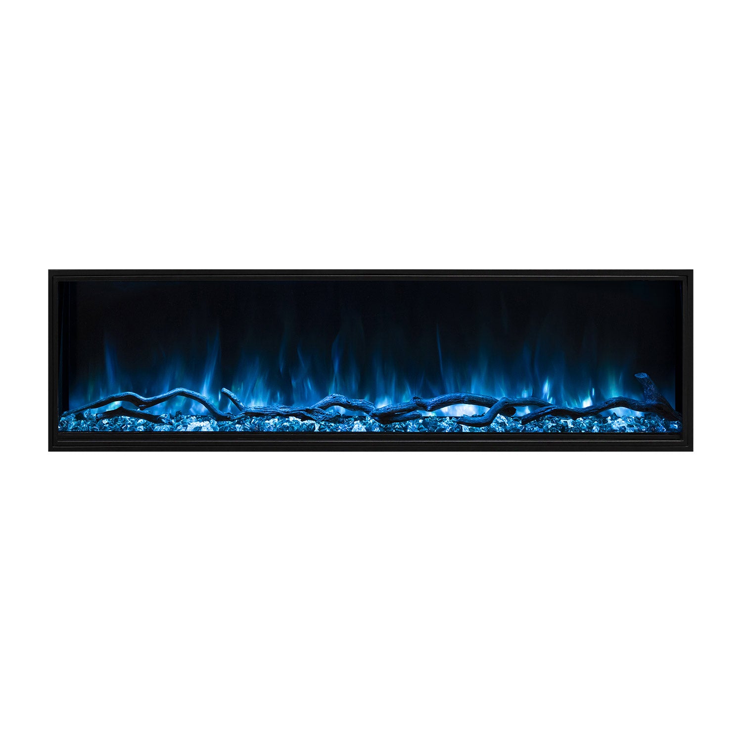 Slim electric fireplace insert with blue flame and glowing log bed behind glass