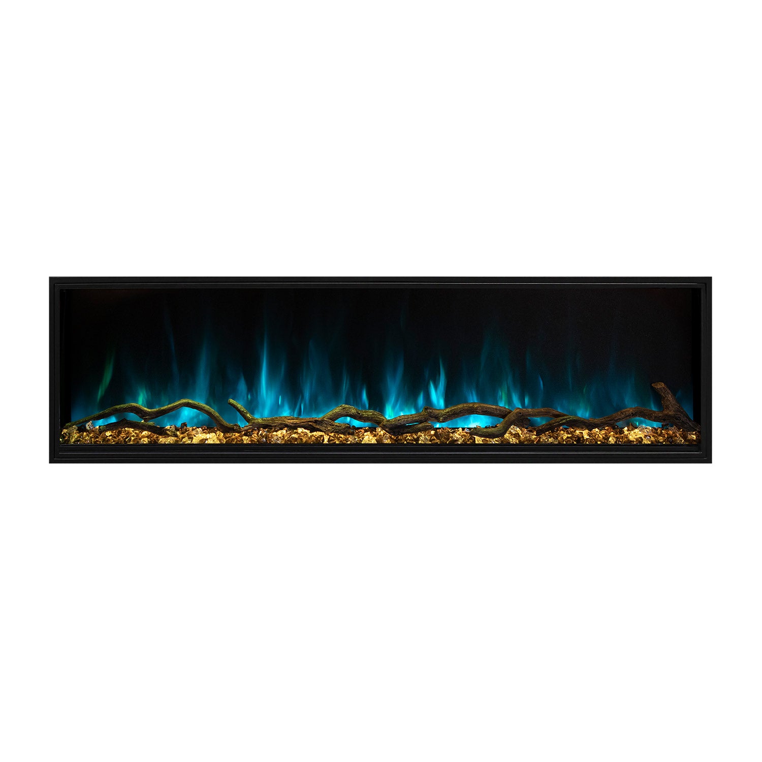 Slim electric fireplace insert with teal flame and golden log bed behind glass