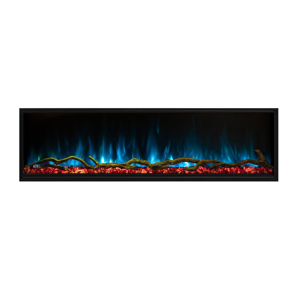 Slim electric fireplace insert with blue flame and red ember glow log bed