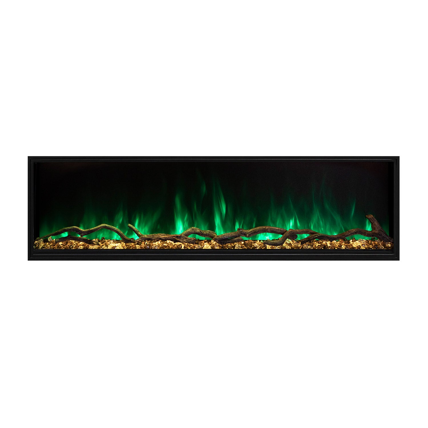Slim electric fireplace insert with green flame over golden log bed behind glass