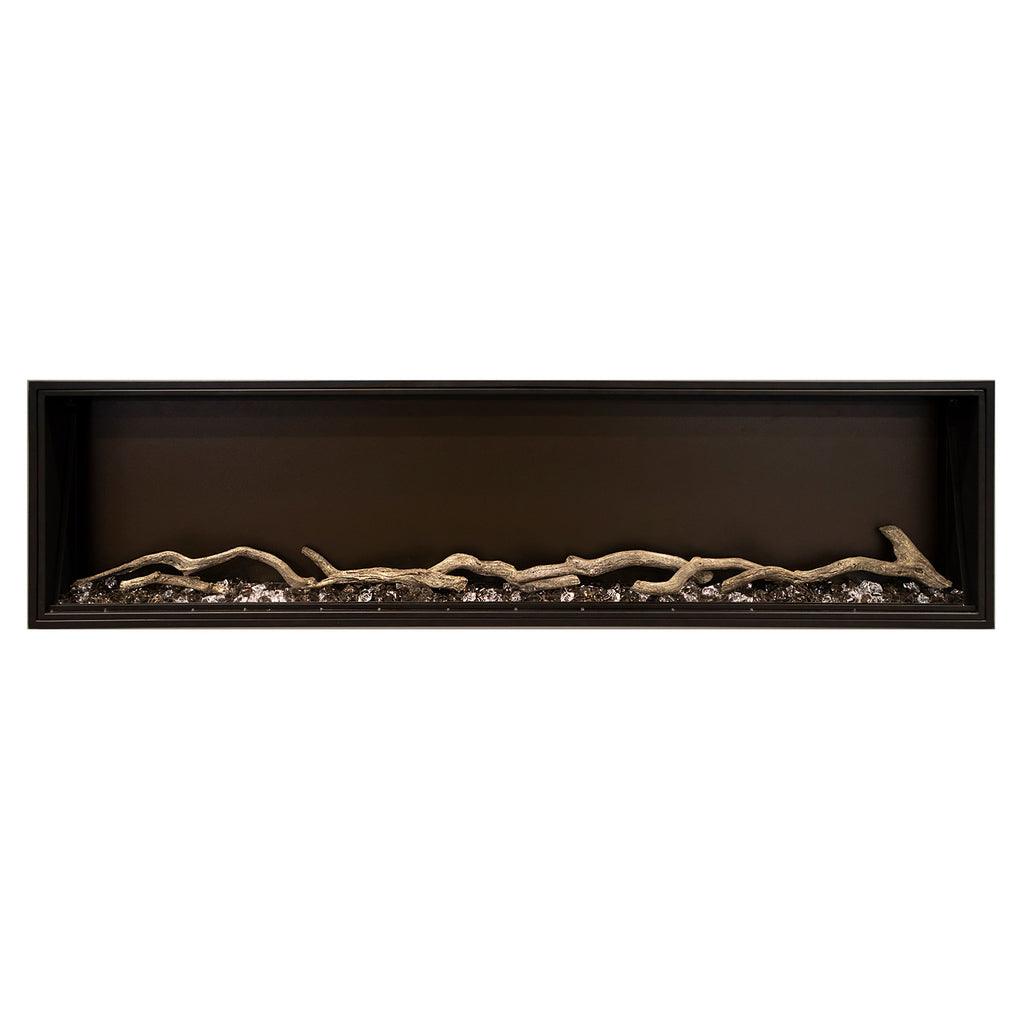 Built-in electric fireplace insert with decorative logs behind black glass