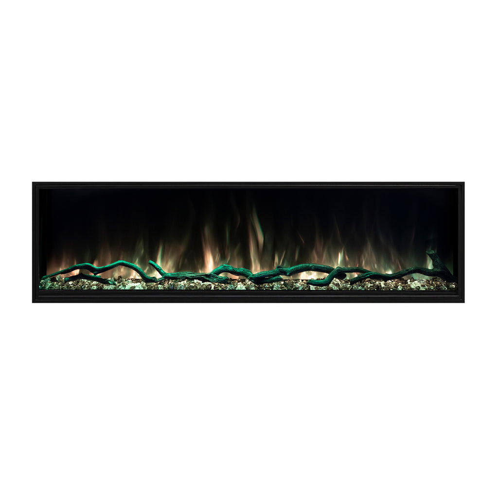 Slim electric fireplace insert with green flame and dark ember log bed behind glass