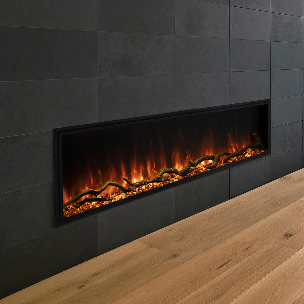 Built-in electric fireplace insert with black frame and red-orange flame display