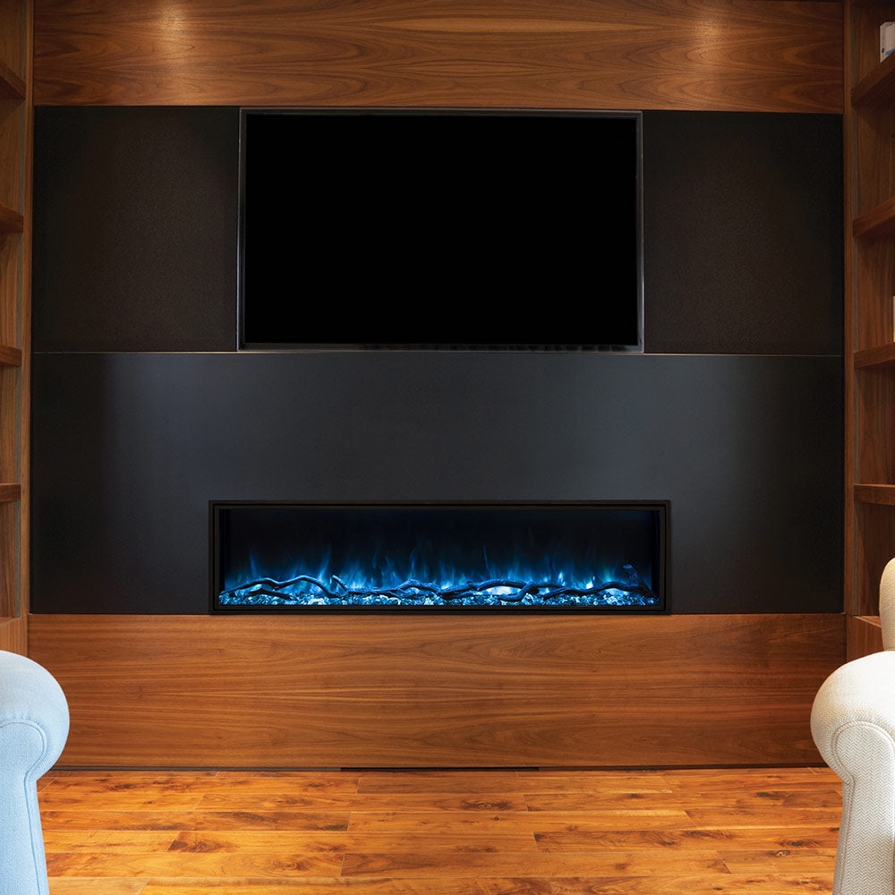 Built-in electric fireplace with slim glass viewing window and blue flame effect
